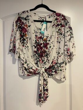 Floral Tie-Front V-Neck Blouse - White with Burgundy Floral